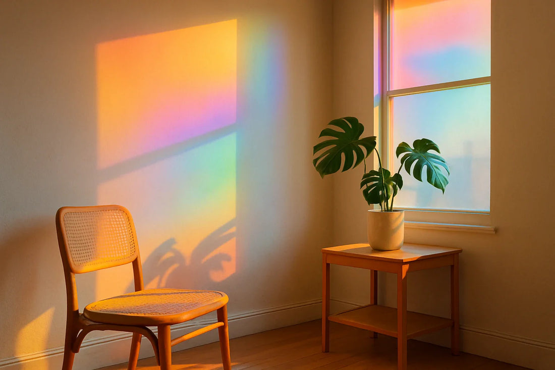Sunlit minimalist room with wooden chair, potted plant, and colorful gradient light cast from tinted window films.
