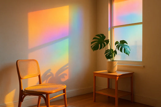 Sunlit minimalist room with wooden chair, potted plant, and colorful gradient light cast from tinted window films.