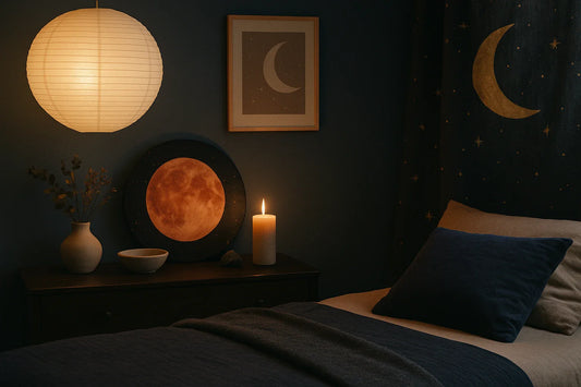 A softly lit bedroom with moon-themed decor, paper lamp, candle, and celestial textiles in deep blue and amber tones.