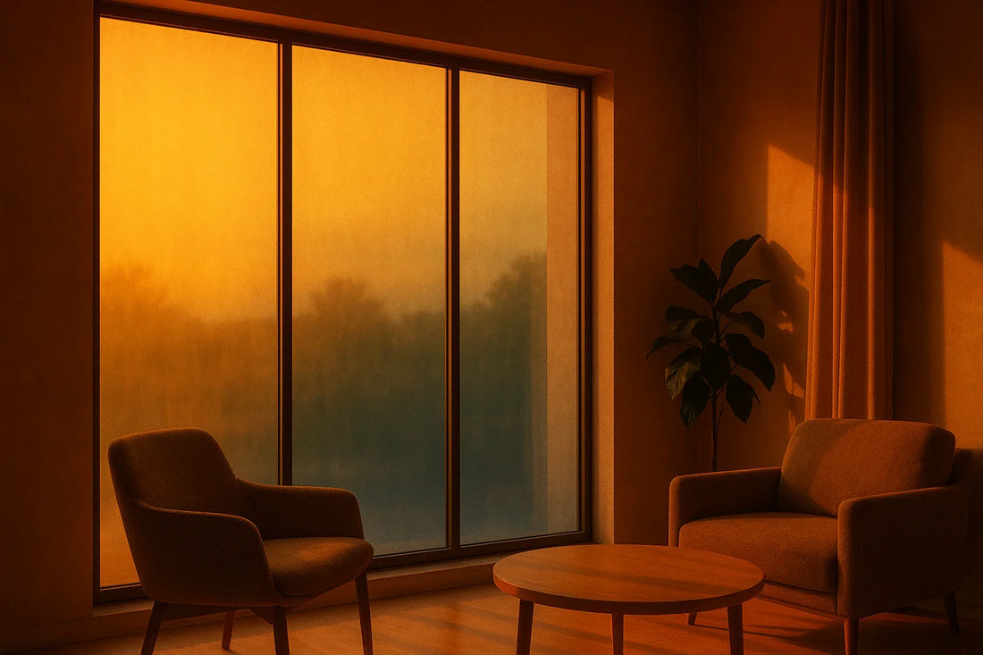 Sunlit modern living room with large tinted thermochromic glass windows, warm amber light, and minimal neutral furniture.