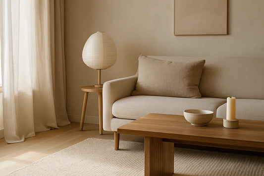 A warm minimalist living room with a beige sofa, wooden coffee table, linen curtains, and a paper lamp in soft natural light.