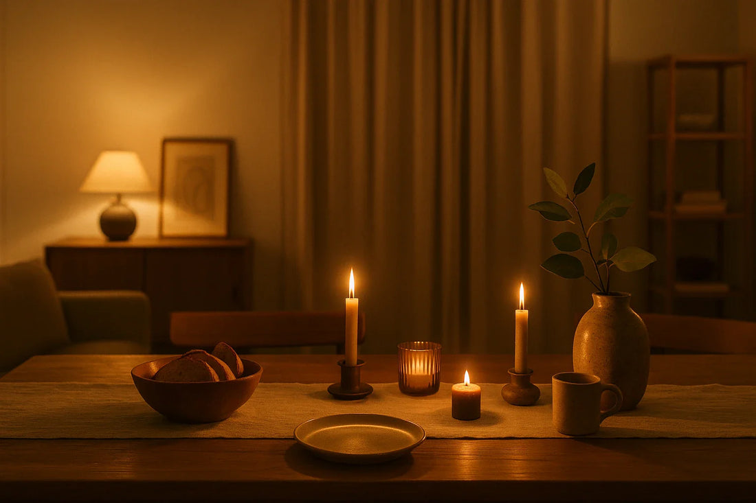 Warmly lit dining table with candles, ceramic dishes, and a linen runner creating a cozy hostingcore atmosphere.