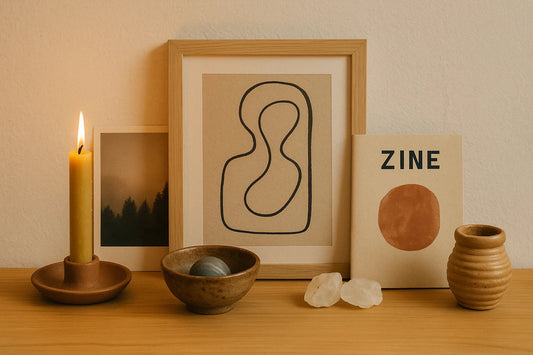 A cozy tabletop altar with a candle, framed abstract art, ceramics, zine, and quartz stones on a wooden surface.