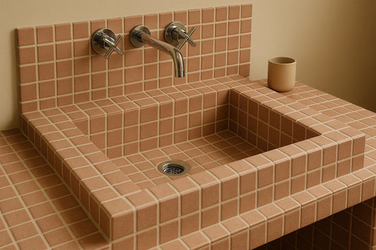 A rectangular bathroom sink fully covered in terracotta tiles with chrome faucet and warm natural light.