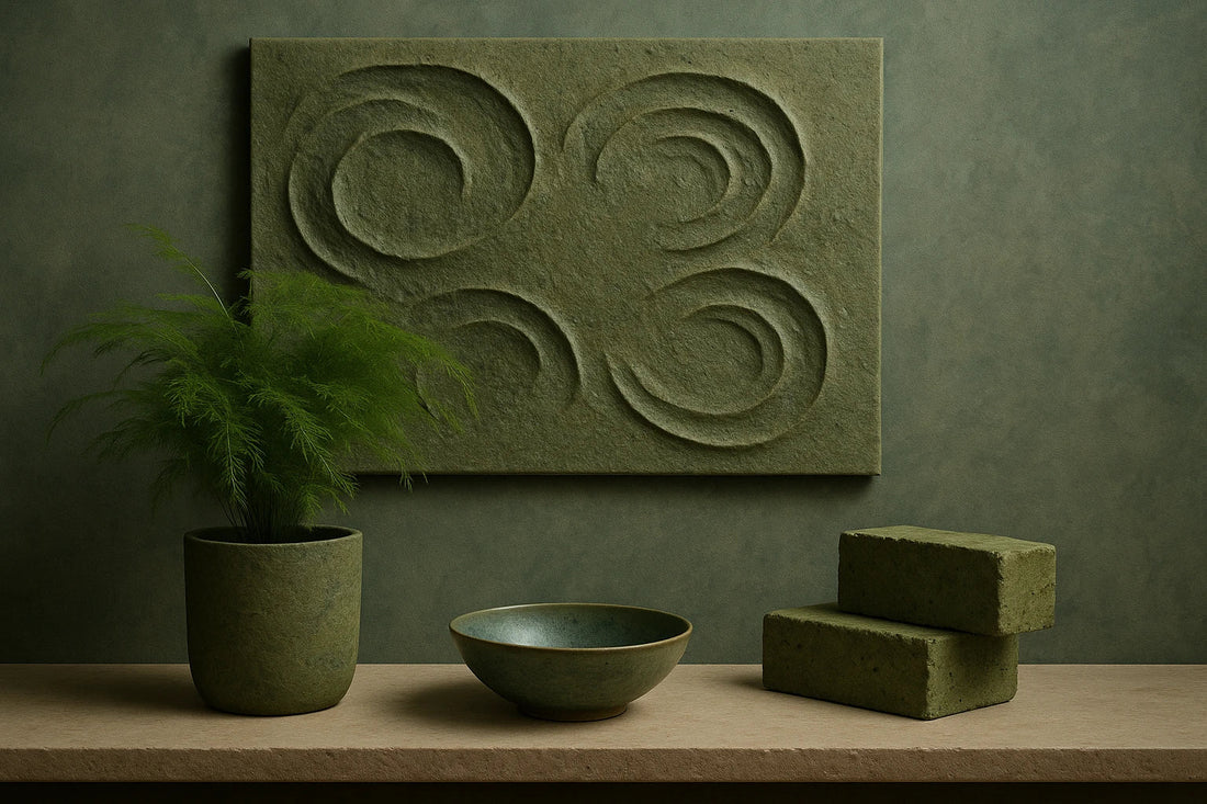 Algae-inspired living space with green sculptural wall art, ceramic bowl, and seaweed-textured bricks under soft natural light.