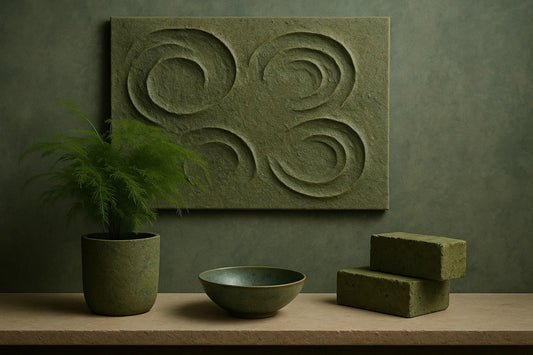 Algae-inspired living space with green sculptural wall art, ceramic bowl, and seaweed-textured bricks under soft natural light.