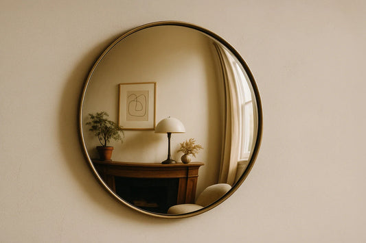 A convex mirror on a beige wall reflects a warm minimalist room with a lamp, framed art, and a small potted plant.