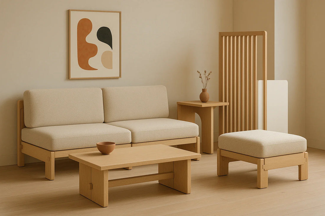 A minimalist living room with modular wooden furniture, beige cushions, and abstract wall art in a calm, neutral palette.