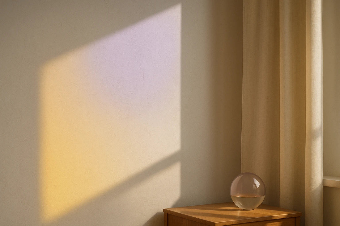 Sunlight casts a soft gradient of yellow and lavender on a wall beside beige curtains and a clear glass sphere on a wooden table.