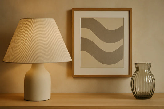 A softly lit modern interior with a moiré-patterned lamp, framed abstract art, and a rippled glass vase on a wooden shelf.