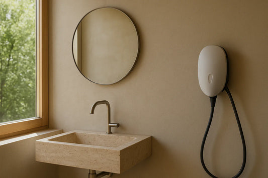 A minimalist beige bathroom corner with a stone sink, round mirror, soft natural light, and a wall-mounted EV charger.