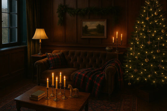 A warm, dark-wood holiday living room with a tartan blanket, brass candles, and a softly lit Christmas tree.