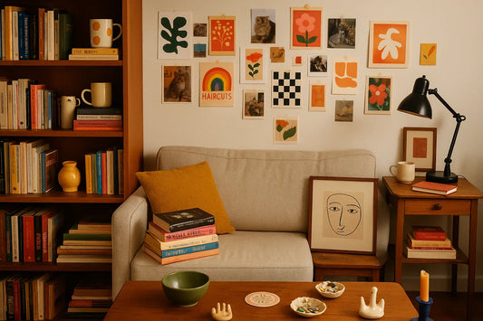 A cozy cluttered living room with a sofa, bookshelves, wall art collage, and small artist-made objects arranged on a wooden coffee table.