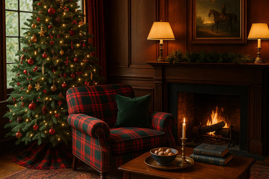 A cozy heritage-style living room with a lit Christmas tree, plaid armchair, wood-paneled walls, and a glowing fireplace.
