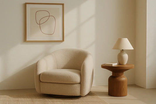 A soft beige armchair beside a sculptural wooden side table with a lamp, set in a sunlit minimalist corner with an abstract framed artwork.