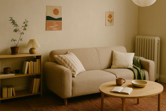 A warm, lived-in living room with a beige sofa, soft pillows, wood furniture, and gentle natural light creating a cozy, anti-hotel home atmosphere.