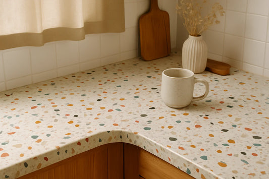A terrazzo kitchen counter with multicolored chips, a ceramic mug, a wooden cutting board, and a vase with dried flowers in soft natural light.