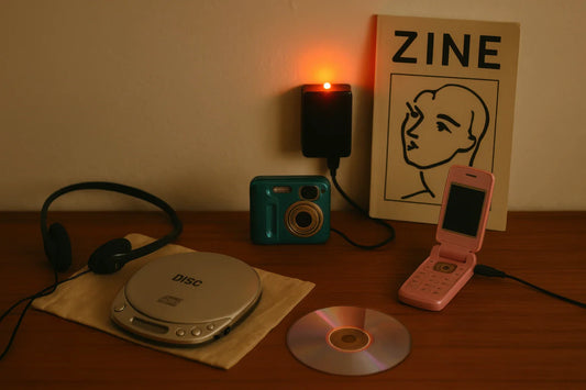 A warm wooden tabletop displaying a Discman, CDs, a teal digital camera, a pink flip phone, wired earphones, and a small ceramic vase.