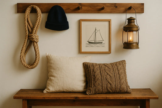 A rustic interior scene with rope, knit pillows, a framed sailboat drawing, and a brass lantern on a wooden bench, evoking a calm fisherman aesthetic.