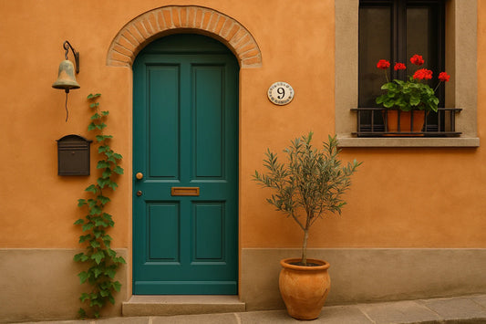 A warm terracotta house façade with a teal door, potted olive tree, red geraniums, and small decorative details creating a cozy, lived-in entrance.