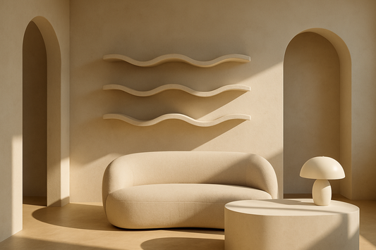 A curved beige sofa, wavy wall shelves, and arched doorways in soft sunlight creating a calm, sculptural interior.