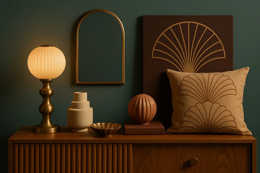 Art Deco-style console with a brass lamp, arched mirror, fluted ceramics, and fan-motif pillow in warm, moody tones.