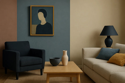Minimalist living room with color-blocked walls, dark armchair, light sofa, abstract portrait, and simple wood table with ceramics.