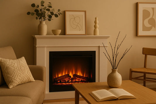 Cozy living room with a white faux fireplace, warm glowing flames, neutral decor, and minimalist artwork on the mantel.