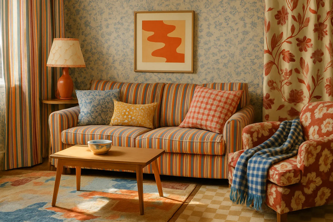 Sunlit living room with striped sofa, mixed patterned pillows, floral curtains, and a wooden coffee table in a warm, cozy setting.