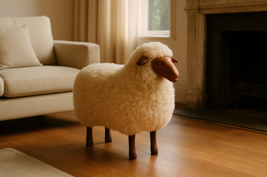 Soft woolly sheep sculpture standing on a wooden floor in a warm, sunlit living room near a sofa and fireplace.