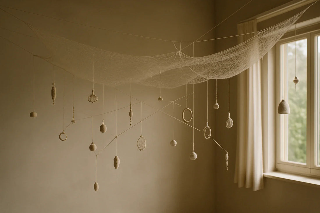 Suspended mesh canopy with hanging textile objects in a softly lit room beside a window.
