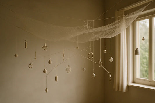 Suspended mesh canopy with hanging textile objects in a softly lit room beside a window.