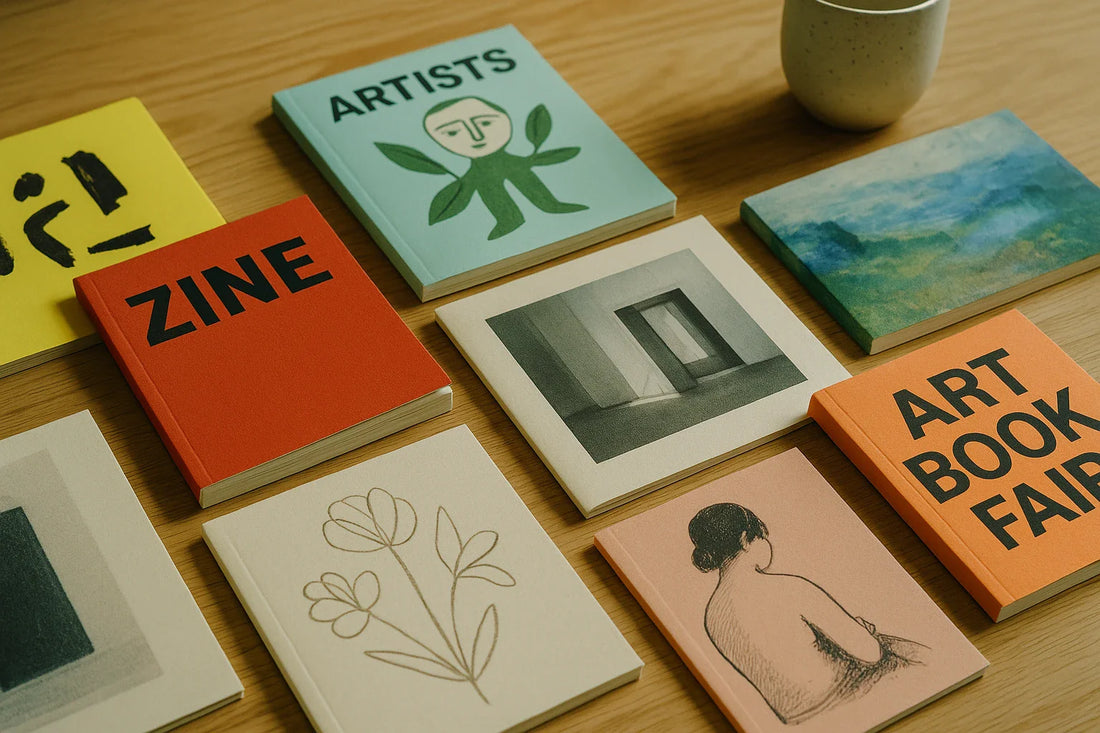 Art books and zines with illustrated covers arranged on a wooden table, photographed from above in soft natural light