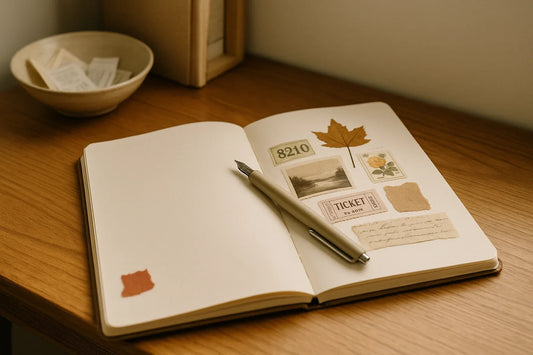 Open notebook on a wooden desk with paper scraps, a pressed leaf, vintage ephemera, and a pen in soft natural light