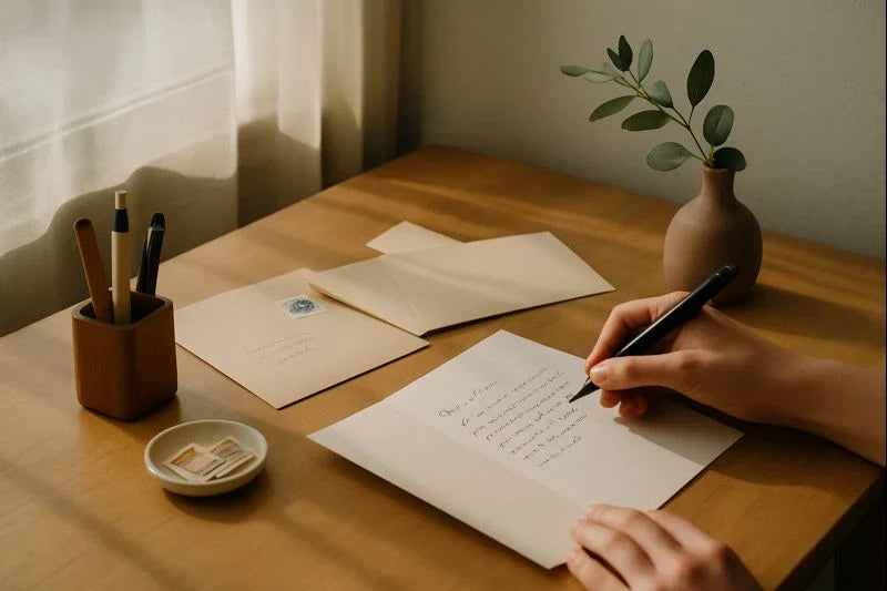 Sunlit wooden desk with hands writing a letter, envelopes, stamps, pens, and a small vase arranged in a calm, minimalist workspace.