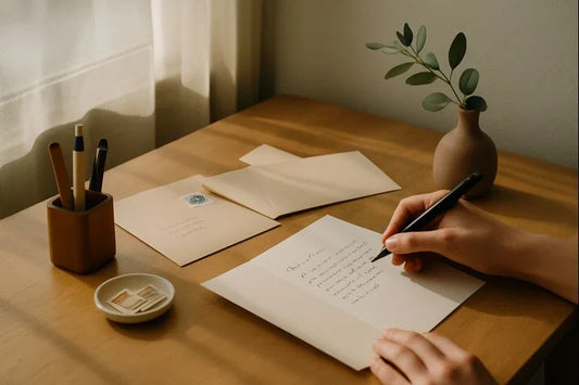 Sunlit wooden desk with hands writing a letter, envelopes, stamps, pens, and a small vase arranged in a calm, minimalist workspace.