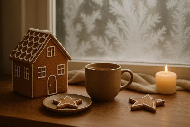 Gingerbread house, brown ceramic mug, star cookies, and candle on a wooden table by a frosted window in warm holiday light