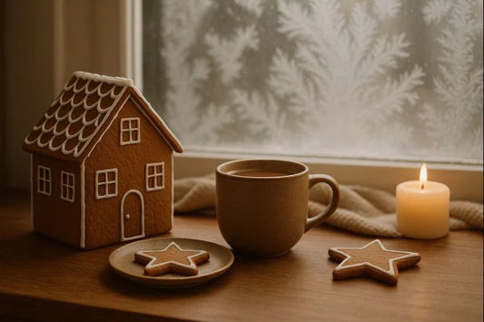 Gingerbread house, brown ceramic mug, star cookies, and candle on a wooden table by a frosted window in warm holiday light