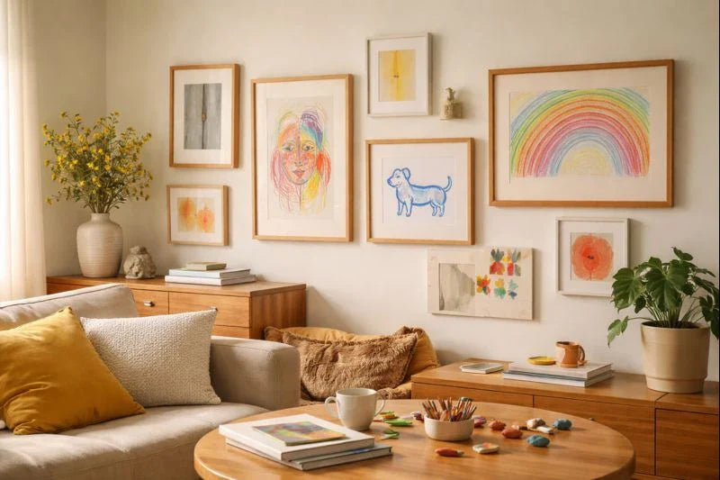 Sunlit living room with framed children’s drawings and abstract art on a gallery wall, cozy sofa, and wooden table with art supplies