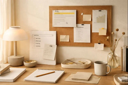 Sunlit desk with corkboard, grid papers, notebooks, lamp, dried flowers, and ceramic tray in a calm, minimalist workspace.