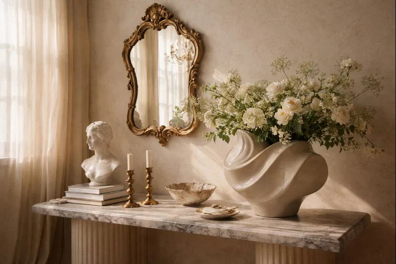Marble console with sculptural white vase of roses, gilded mirror, classical bust, and brass candles in soft natural light