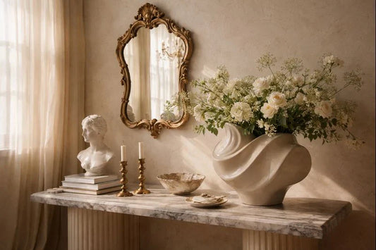 Marble console with sculptural white vase of roses, gilded mirror, classical bust, and brass candles in soft natural light