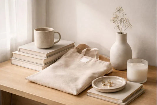 Neutral-toned tabletop still life with stacked books, ceramic mug, folded tote bag, vase with dried flowers, candle, and jewelry.