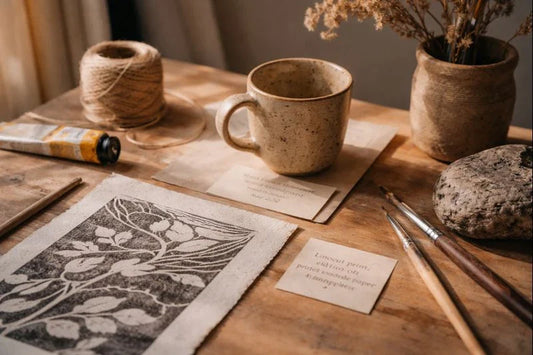 Ceramic mug, linocut print, and art tools on a wooden studio table, softly lit, with small handwritten tags showing their making process