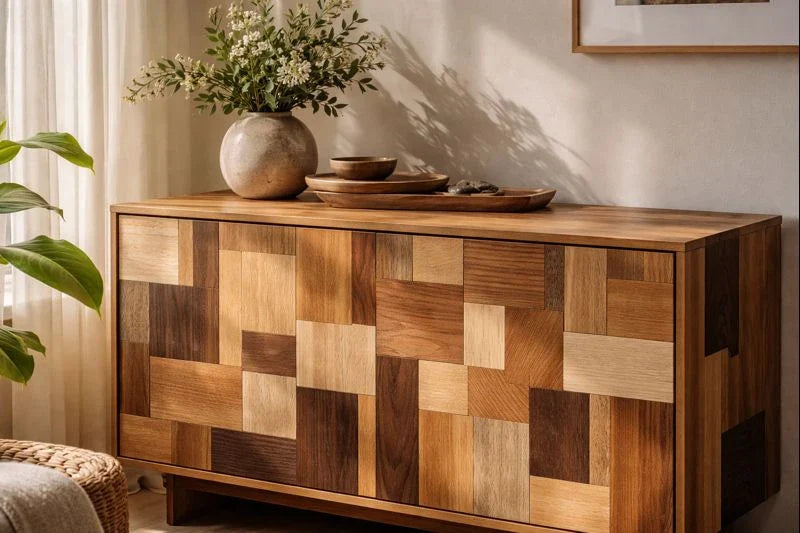 Patchwork wood sideboard made from mixed reclaimed timber, sunlit interior with ceramic vase and greenery on top