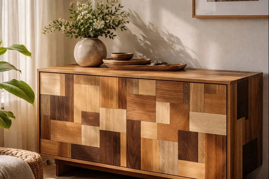 Patchwork wood sideboard made from mixed reclaimed timber, sunlit interior with ceramic vase and greenery on top