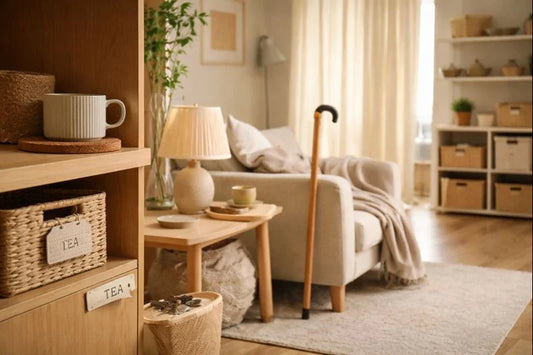 Sunlit living room with open shelving, labeled baskets, armchair, cane, and soft lighting creating a calm, accessible home setting.