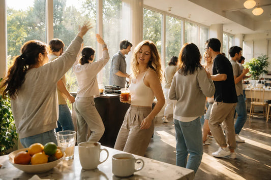Sunlit café where people dance and socialize in the morning, holding coffee cups near large windows and a DJ setup