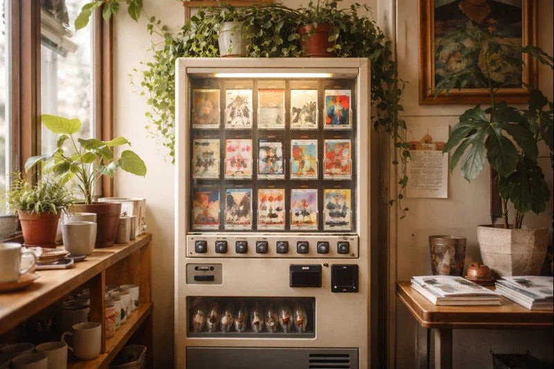 Art vending machine filled with small prints and zines in a sunlit café corner surrounded by plants and wooden shelves