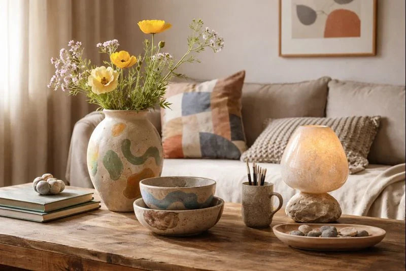 Sunlit living room with handmade ceramic vase, bowls, and sculptural lamp arranged on a wooden coffee table